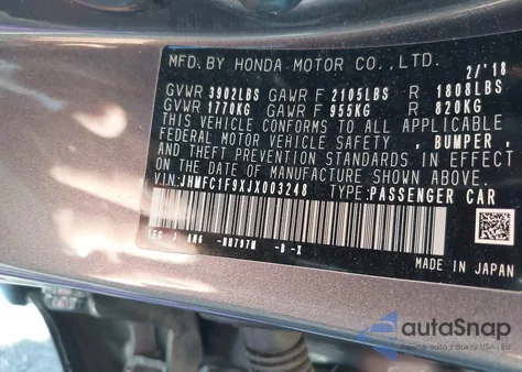 2018 Honda Civic Touring z USA, uszkodzony, nr VIN JHMFC1F9XJX003248